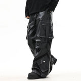 Joior Men PU Leather Pants Thick High Street Pleated Design Multiple Pockets Loose Fitting Patchwork Male Trousers