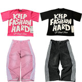 Joior Harajuku Tapout and Wexwear Set Graphic Stripe Stitch Jeans Y2K Black Jeans Skate Pants tracksuit t shirt for men Streetwear