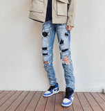 Joior Men's Rhinestone Crystal Patchwork Light Blue Ripped Jeans Slim Fit Skinny Stretch Denim Pants