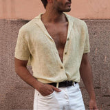 Joior Knit Men's Mesh Shirts with Holes Nightclub Short Sleeve Button Up Men Clothing Tops Cardigan Summer Beach Harajuku