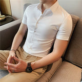 Joior High Quality Summer Ice Silk Seamless Elastic Shirt Men's Slim Fit Short Sleeve Social Business Dress Shirt Plus Size 4XL-M