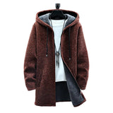 Joior Autumn Winter Men Hooded Sweater Thicken Long Sleeve Drawstring Plush Lining Mid-Length Knitting Jacket Male Coat Streetwear