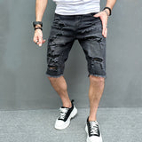 Joior New Men Summer Streetwear Slim fit Ripped Denim Shorts Stylish Holes Solid Casual Straight Jeans Male Five-point Pants