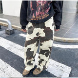 Joior Women's Cow Patterned Printed Casual Pants High Waisted Straight Vintage 90s Streetwear Female Casual Loose Tie Dye Trouser