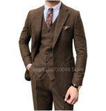 Joior 3 Piece Grey/Brown Mens Tweed Herringbone Wedding Suit Prom Tuxedos  Peak Lapel Tweed for Business Slim Fit (Blazer+Vest+Pants)