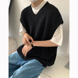  Black Blue Green V-neck Sweater Vest Men Fashion Casual Knit Pullover Men Korean Loose Jumper Vest Mens Knitted Sweater Vest