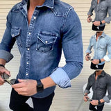 Joior New Spring Autumn Mens Jeans Shirt Long Sleeve Denim Shirts for Men Cotton Two Pockets Slim Elastic Denim Shirts Chemise Homme