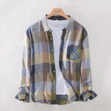 Joior Cotton Linen Casual Plaid Shirts for Men Long Sleeve Tops Male Loose Turn-down Collar Fashion Clothing Trends