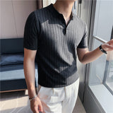 Joior British Style Summer New Vertical Stripes Men Polo Shirt Short-Sleeved Slim Fit Lapel Stretch Knitted T-shirt Plus Size 4XL-M