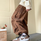 Corduroy Pants Men Fashion Oversize Pocket Cargo Pants Men Streetwear Hip Hop Loose Straight Pants Mens Trousers