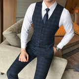 Joior ( Vest + Pants ) 2Pce Set Mens Fashion Plaid Slim Casual Business Suit Vest Pants Groom Wedding Dress Formal Waist Coat Trousers