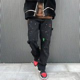 Joior Streetwear Graffiti Cargo Flared Jeans Khaki Black Splash Ink Wide Leg Denim Pant Hip Hop Cargo Trousers Jean Men