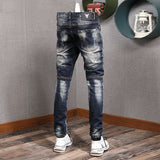 Joior Fashion Streetwear Men Jeans Retro Black Blue Elastic Slim Fit Ripped Jeans Men Spliced Designer Embroidery Hip Hop Denim Pants