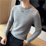 Joior Autumn Winter Stretch Jacquard Woven O-Neck Sweater Men's Waffle Slim Fit Long Sleeve Knitted Pullovers Casual Streetwear Homme