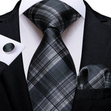 Joior Black Plaid Ties For Men 8cm Width Silk Mens Business Wedding Neck Tie Set Pocket Square Cufflinks Gravatas Homens Cravatta