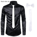 Joior Black Mens Silk Dress Shirts 3Pcs(Shirt +Tie+Bowtie) Smooth Satin Shirt Men Slim Fit Party Prom Casual Shirts Men Social Camisa