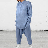 Mens Muslim Sets Sparkling Short Sleeve Side Split Mid length Robe Pants Solid Fashion Casual Two Piece Sets S-5XL