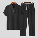 Joior Casual Well Fitting Suits  New Men's Solid Short Sleeve V-Collar Tops Trousers Simple All-match Two-piece Sets S-5XL