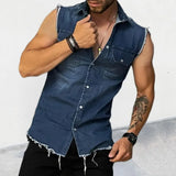 Joior 2024 Spring/Summer New Men's Denim T-shirt With Lapel, Sleeveless Cardigan, Single Breasted Top Pocket