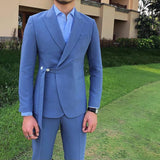 Joior New Fashion Men Suits Blue Peak Lapel and Belt Linen Men's Clothing Smart Casual Groom Wedding Slim Fit 2 Piece Blazer Pants