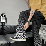 Joior Summer Thin Casual Pants Men Fashion Plaid Wide Leg Pants Men Korean Loose Straight Ice Silk Pants Mens Plus Size Trousers S-5XL