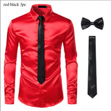 Joior Black Mens Silk Dress Shirts 3Pcs(Shirt +Tie+Bowtie) Smooth Satin Shirt Men Slim Fit Party Prom Casual Shirts Men Social Camisa