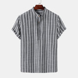 Joior Cotton Linen Shirt Men's Summer Short-sleeved Striped Shirts Solid Color Turn-down Collar Casual Beach Style Blouse Top Pullover