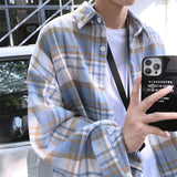 Joior Autumn Thick Woolen Shirt Men Fashion Retro Casual Oversized Plaid Shirts Mens Korean Blue/Green Loose Long-sleeved Shirt Men