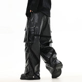 Joior Men PU Leather Pants Thick High Street Pleated Design Multiple Pockets Loose Fitting Patchwork Male Trousers