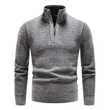 New Men's Half High Neck Sweater with Plush and Thick Zipper Pullover Knit Shirt Slim Fit Solid Color Top For