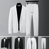 Joior 2Pcs Men Blazer Pants Set Spring Fashion Suit Stripe Pleats Long Sleeve Turndown Collar Jacket Drawstring Trousers for Wedding