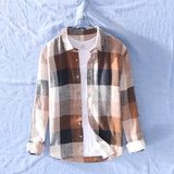 Joior Cotton Linen Casual Plaid Shirts for Men Long Sleeve Tops Male Loose Turn-down Collar Fashion Clothing Trends