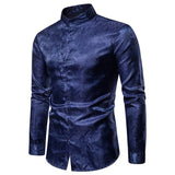 Silk Mens Shirts Long Sleeve Jacquard Shirt For Men Stand Collar Casual Stylish Wedding Party Office Slim Fit Tops