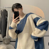  O-Neck Knit Sweater for Men Cow Patchwork Pullover Men Loose Casual Harajuku New Mens Oversized Sweater