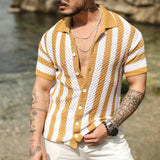 Joior Knitted Shirts Mens Fashion Hollow Out Breathable Beach Cardigan Shirt Short Sleeve Mens Summer Button Lapel Casual Knit Shirts