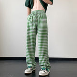 Joior Summer Ice Silk Loose Plaid Men Casual Pant Harajuku Wide Leg Trousers Fashion Brand Large Size Male Bottoms