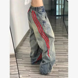 Joior American Hip-hop Retro Jeans for Men and Women Loose and Trendy Straight Leg Striped Patchwork Casual Washed Wide Leg Pants