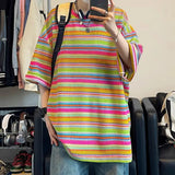 Joior Summer Street Men and Women Trendy Personality Colorful Stripe Hip Hop Round Neck Short Sleeve Couple Loose Casual T-shirt Top