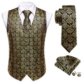 Joior 4PC Mens Extra Silk Vest Party Wedding Gold Paisley Solid Floral Waistcoat Vest Pocket Square Tie Suit Set