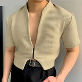 Men Shirt Solid Color V Neck Short Sleeve Zipper Streetwear Men Clothing Stylish Casual Irregular Crop Tops S-5XL