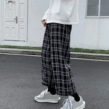 Joior Autumn Men Pants Plaid Streetwear Wide Leg Elastic Waist Loose Sports Pants Trousers Checkered Wide Leg Pants for Travel