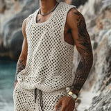 Joior 2024 Men's Summer Casual Knit Two-piece Sets Fashion Solid Loose Tank Tops and Shorts Beach Sport Suit Men Hollow Out Streetwear