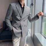 Joior British Style Slim Fit Houndstooth Blazer For Men Fashion Double Breasted Business Office Wedding Dress Suit Jacket