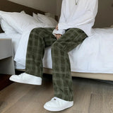 Joior Mid-Rise Elastic Waistband Men Pants Pockets Straight Wide Leg Casual Trousers Plaid Print Drawstring Loose Corduroy Pants