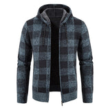 Joior Autumn and Winter Men's Checkered Sweater Thickened Cardigan Coat Sweater Outer Hooded Zipper Knit