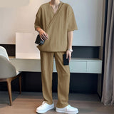 Joior Casual Simple Style New Men Sets Short Sleeved Shirts Pants Handsome Male Simple Pleated Solid Comfortable Suit 2 Pieces