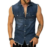 Joior Spring/Summer New Men's Denim T-shirt With Lapel, Sleeveless Cardigan, Single Breasted Top Pocket