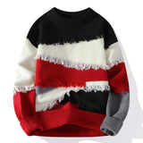 Joior men's winter outfits Hole Fringed Sweaters Retro Tasseled Knitwear Patchwork Color Knitwear Round Neck Pullover Knit Sweater Couple Long Sleeve Tops