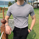 Joior British Style Summer Ice Silk Short Sleeve Knitted T Shirts Men Simple Pure Color O-Neck Casual Slim Tee Shirt Top Homme M-3XL