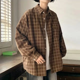 Joior Autumn Plaid Corduroy Men Shirts New Y2K Streetwear Workwear Blouses Retro Long Sleeve Cargo Shirt Loose Casual Tops